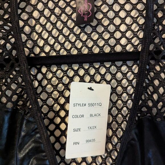 MUSIC LEGS Fishnet WET-LOOK V SHAPE TEDDY Zipper Long Sleeve Sexy Halloween NWT - Picture 6 of 16